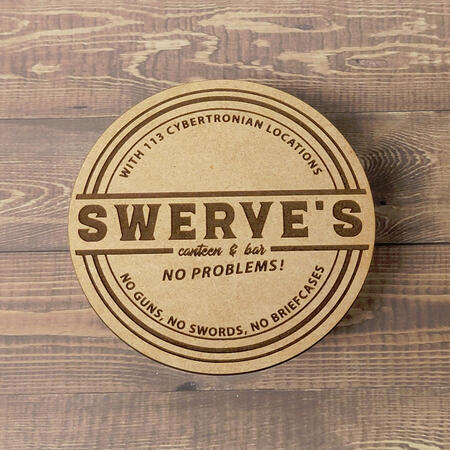 4" wooden coaster, featuring a design for Swerve's Bar