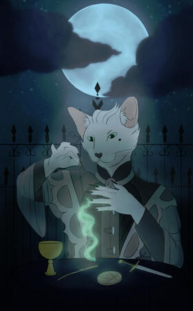 A tarot card of a tabaxi necromancer.