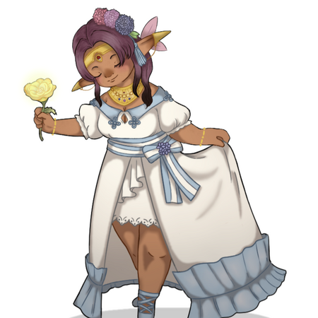 A gnome-like woman, Bibichu, offers a glowing flower.